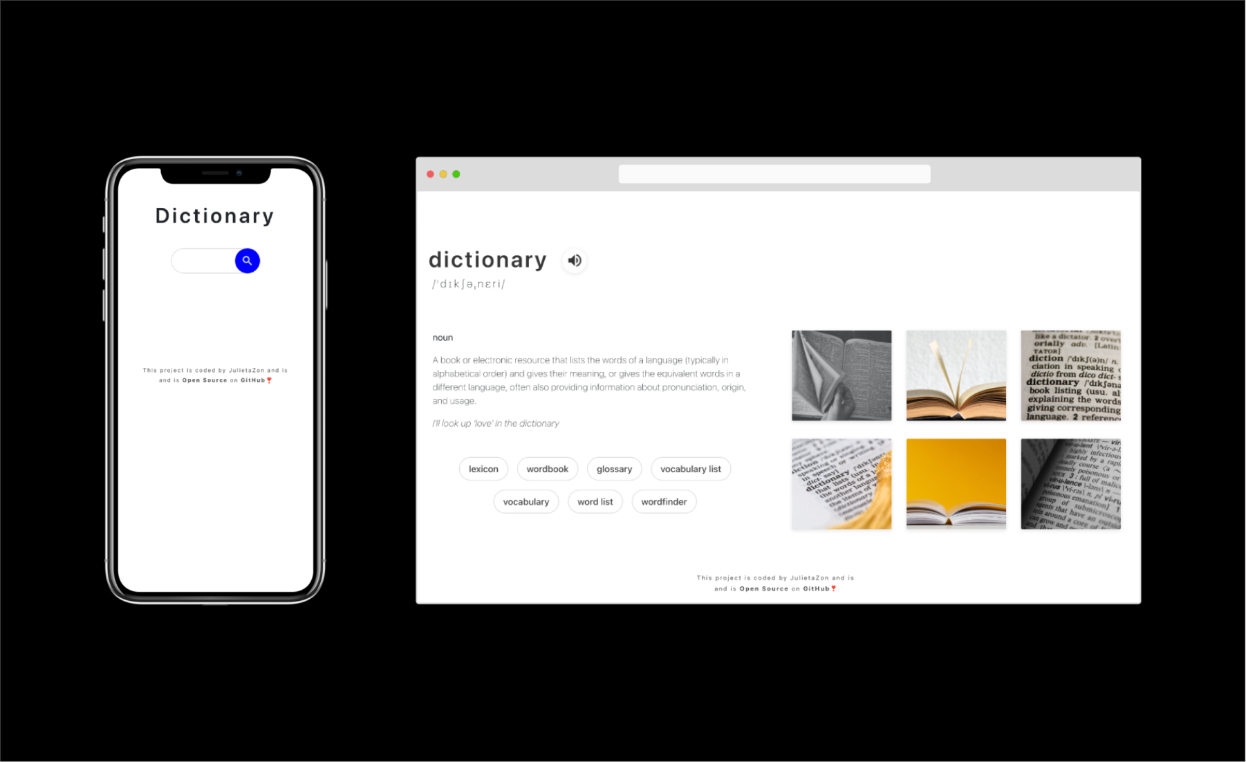 responsive dictionary app prototype on both computer and mobile