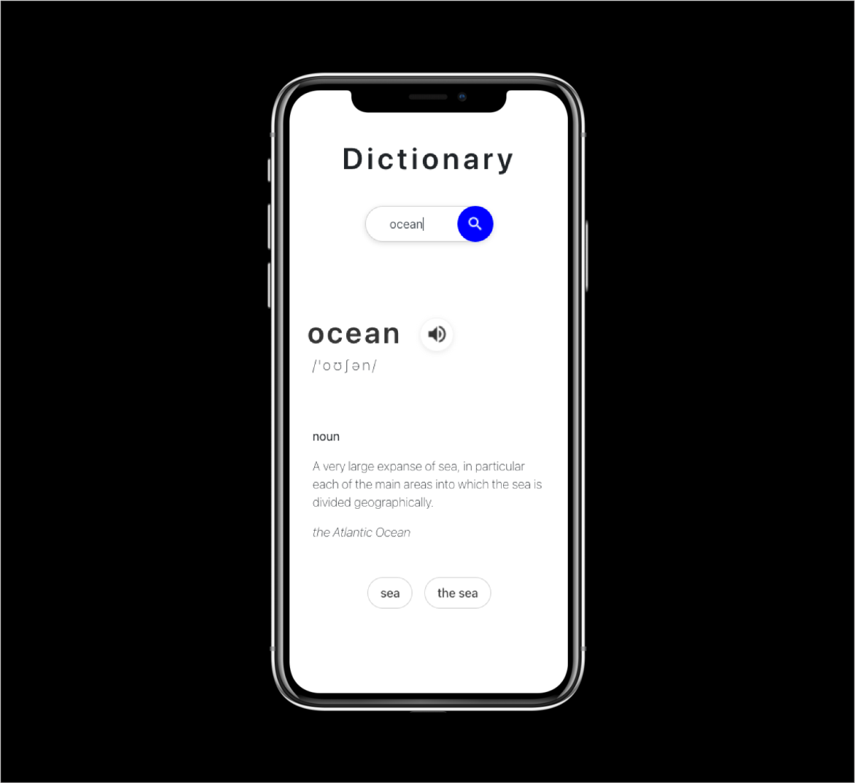 dictionary app on mobile using an example, the word, voice-over button, phonetics and meaning