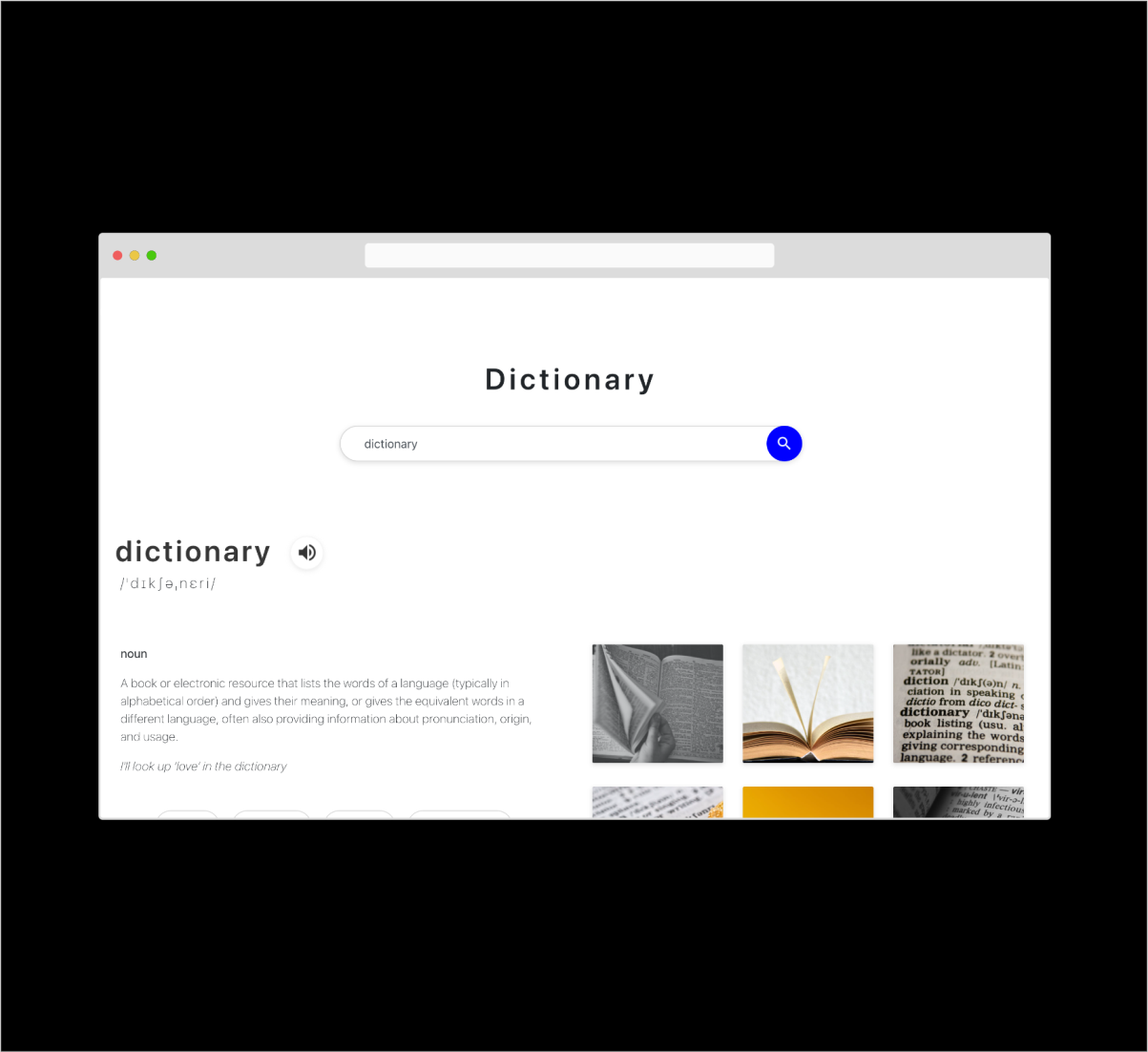 dictionary app on web using an example, the word, voice-over button, phonetics, meaning and images related to the word