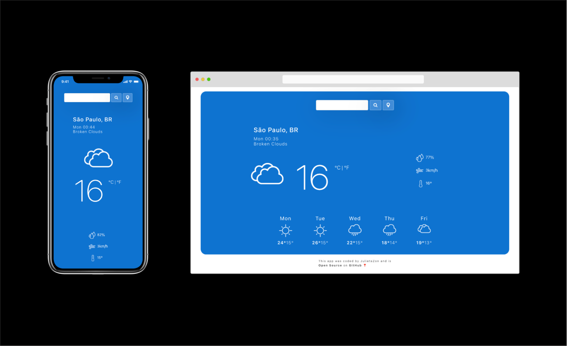 responsive weather app prototype on both computer and mobile