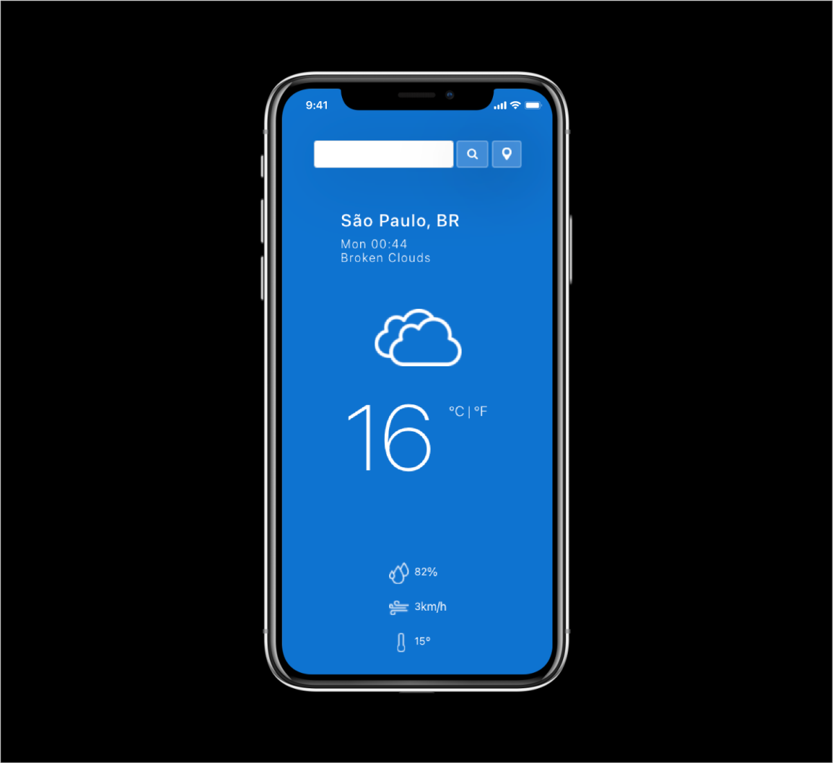 weather app on mobile, search bar, city, date, weather icon, main temperature and description