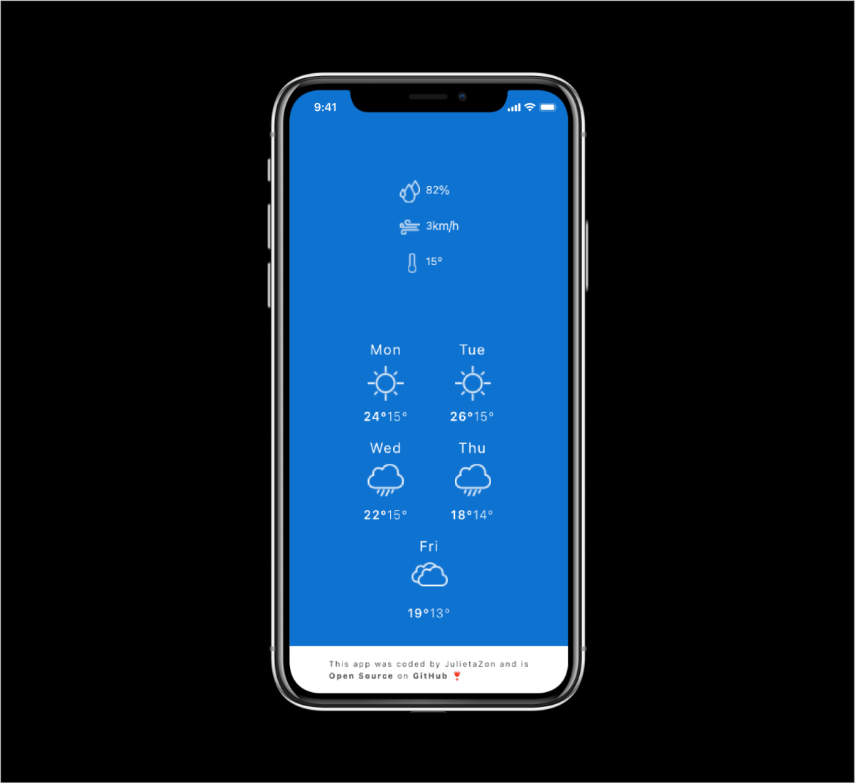 weather app on mobile, forecast and open-source link to github