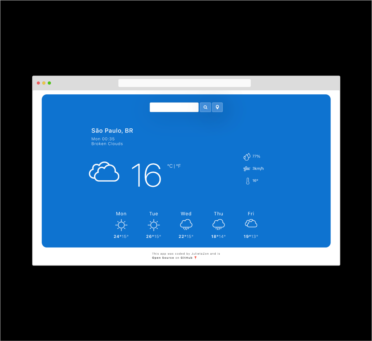 weather app on web all features on only one page